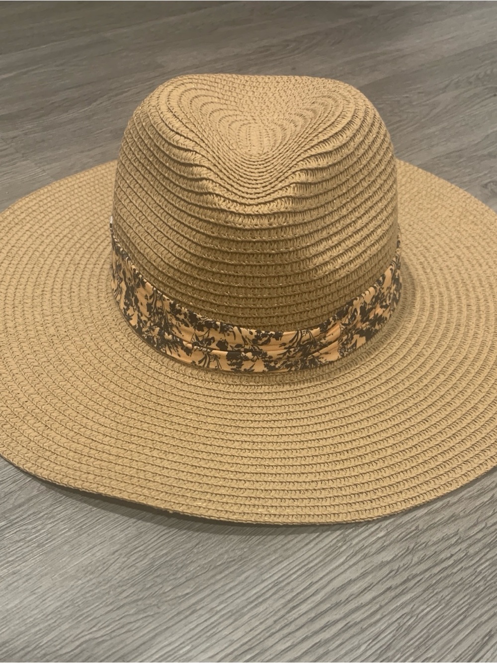 Marcus Adler | Wide-Brim Tan Straw Hat with Floral Band | OS